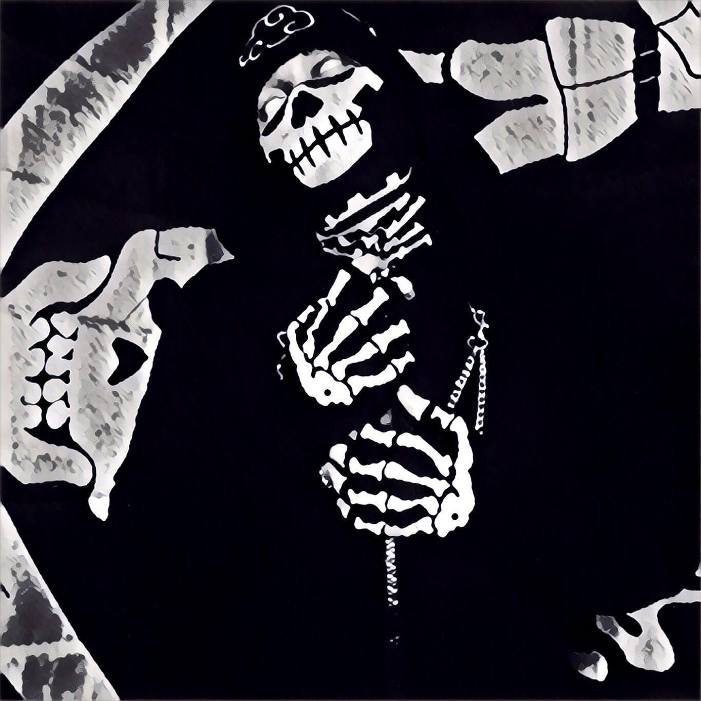 An edited black and white photo of a person standing against a pirate ship flag. The person has their head tilted to the side and their face is covered by an akatsuki beanie with a skull neck gaiter, their hands are positioned in front of them similar to t