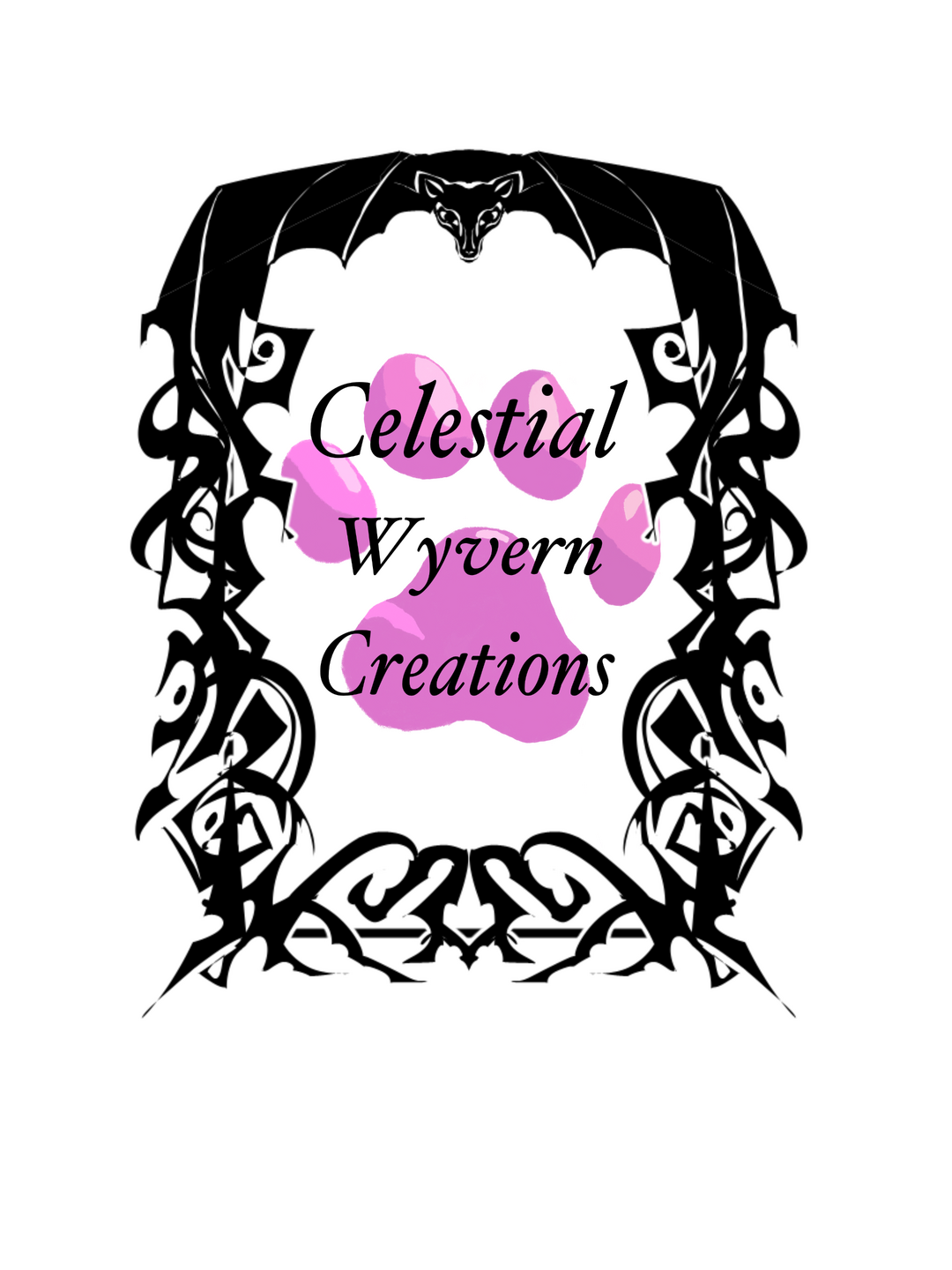 A photo of a rectangle shaped icon with a black bat head and wings on the top that spans down into thorny filigree that makes up the rectangular shape. Inside the rectangle is a pink paw print with black text over it that says “Celestial Wyvern Creations”